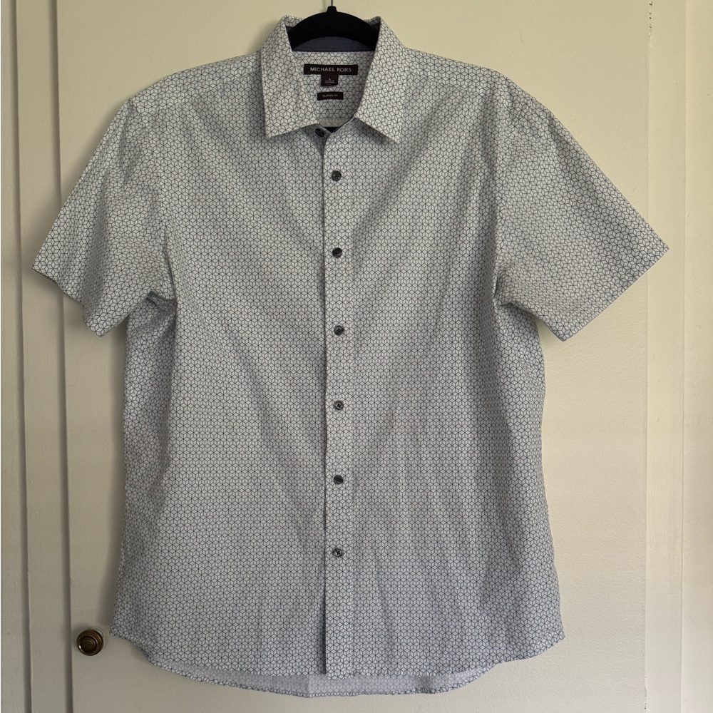 Men’s Michael Kors L Geometric White Blue Button Shirt Classic Fit Short Sleeve